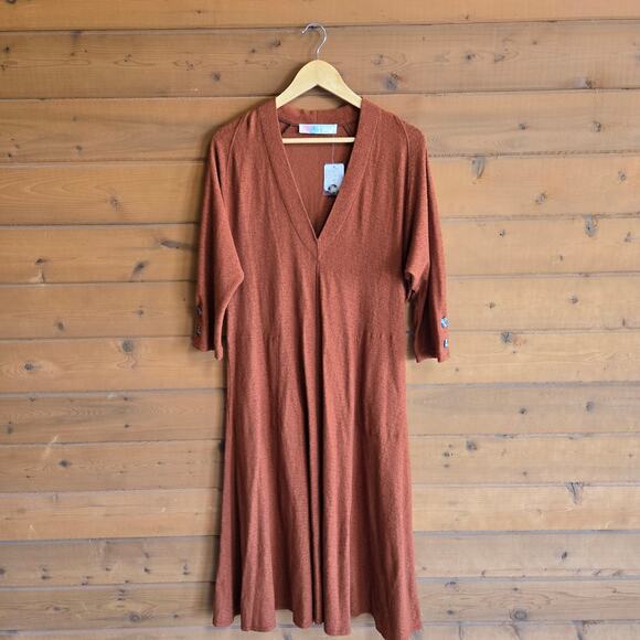 Free People Beach Terracotta Vneck Textured Pocket Midi Dress XS NWT Boho Flowy - Picture 1 of 4